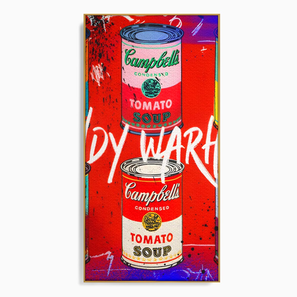 Tablou canvas cu tablou canvas cu cutii de supa, in rama de aluminiu auriu